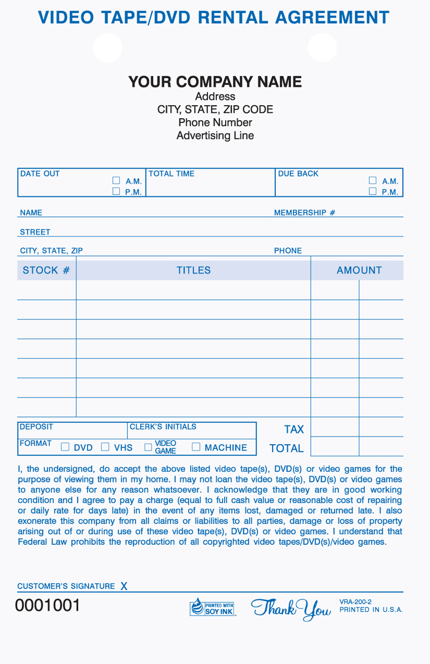 Video/DVD Rental Agreement - 5.5" x 8.5" - 2 Part Video/DVD Rental Agreement - 5.5" x 8.5" - 2 Part