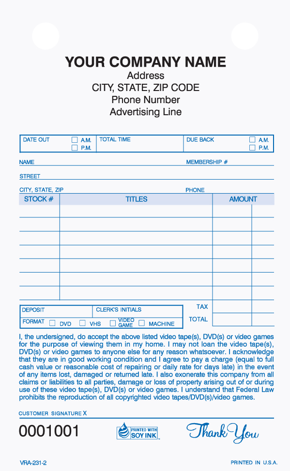 Video/DVD Rental Agreement - 4" x 6.5" - 2 & 3 Part DISCONTINUED Video/DVD Rental Agreement - 4" x 6.5" - 2 & 3 Part DISCONTINUED