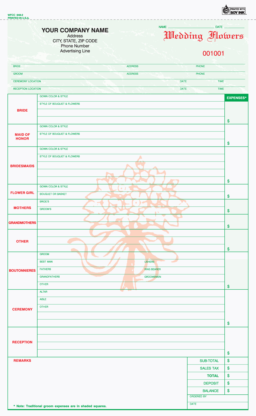 Wedding Flower Order Form - Unit Set - 8.5" x 13.25" - 2 PART" Wedding Flower Order Form - Unit Set - 8.5" x 13.25" - 2 PART"