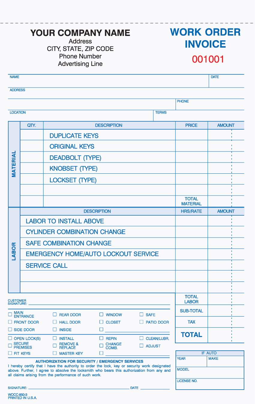 Locksmith Work Order/Invoice - 5.66" x 8.5" - Unit Set - 3 PART Locksmith Work Order/Invoice - 5.66" x 8.5" - Unit Set - 3 PART