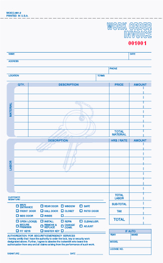 "Locksmith Work Order/Invoice - 5.66" x 8.5" - Unit Set - 3 PART